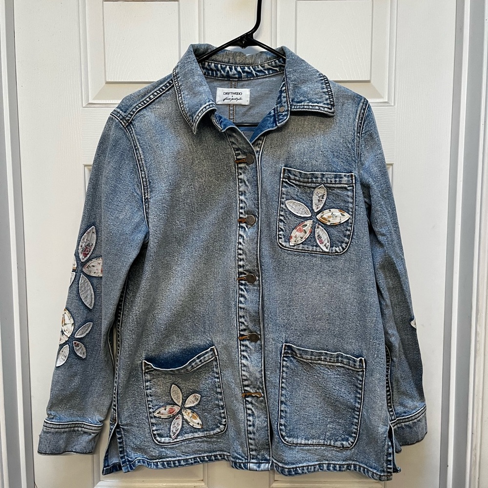 DRIFTWOOD x Free People Light Blue Denim Jacket with patwork flowers